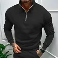 Premium men's slim fit half-zip sweatshirt with polo collar in a sleek solid black finish. - S / Tops / Black