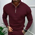 Premium men's half-zip polo collar fleece sweatshirt in elegant burgundy wine red - S / Tops / Burgundy