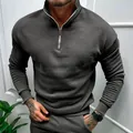 Men's half-zip polo sweatshirt in dark grey with stand collar and fleece lining - Dark Gray