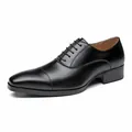 Elegant black men's leather cap-toe Oxford shoes for formal business and office wear - Black