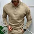Classic men's khaki long sleeve sweatshirt featuring a half-zip polo stand collar - Camel