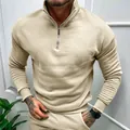 Men's half-zip polo sweatshirt in beige color, long sleeve casual fleece lining top - Apricot
