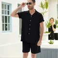 Completo due pezzi uomo nero cotone camicia maniche corte e pantaloncini estate - Taglia S / Top e Pantaloni / Nero