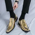Luxury men's pointed-toe loafers in gold metallic finish with multi-colored studs - 34 / Gold