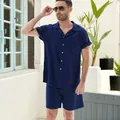 Completo uomo camicia a maniche corte e pantaloncini in cotone blu scuro - Blu navy