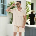 Completo uomo estivo con camicia hawaiana e pantaloncini in cotone beige - Albicocca