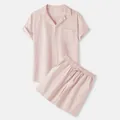 Completo maschile due pezzi in cotone e lino rosa chiaro, camicia e pantaloncini - Colore loto