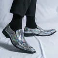 Holographic iridescent scale pattern leather loafers with pointed toe and studded trim - 34 / Gray