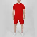 Front view of a men's casual solid red summer short sleeve T-shirt and shorts set - Red