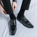 Elegant black patent leather loafers with colorful studs and sharp pointed toe design - 34 / Black