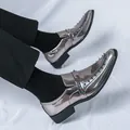 Mirror metallic silver pointed toe loafers with colorful studs in patent leather finish - 34 / Light Gray
