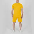 Detailed view of a men's solid yellow summer short-sleeve T-shirt and shorts set. - M / Top And Bottom / Yellow