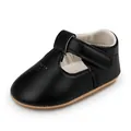 Close-up detail of black T-strap baby princess shoes with flexible rubber sole. - Insole Length 11cm / Black