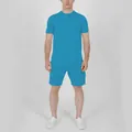 Detailed macro view of the solid blue men's summer short sleeve T-shirt and shorts outfit set. - Light Blue