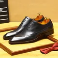 Premium black burnished leather Brogue Oxford shoes with square toe for business formal - 37 / Black