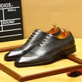 Premium men's British style hand-brushed dark grey Brogue oxfords with elegant carved detailing - 37 / Gray