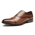Classic dark brown genuine leather cap-toe Oxford dress shoes for men with wooden heel - 39 / Cap Toe Formal Style (888-1) / Dark Brown