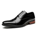 Elegant men's black cap-toe leather business Oxford shoes with wooden heel accent. - 39 / Cap Toe Formal Style (888-1) / Black