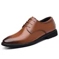 Classic brown leather business dress shoes for men wedding formal style with laces - Brown