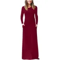 Elegant burgundy long sleeve crew neck maxi dress with pockets for women - Burgundy