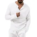 Close-up of men's white crinkle textured long sleeve shirt with henley button neck - S / Tops / White