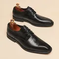 Classic black leather brogue Derby shoes with textured finish and square toe design - 39 / Black