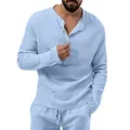 Detailed view of light blue seersucker textured long sleeve button up shirt for men - S / Tops / Light Blue
