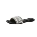Detailed side view of women's black flat slide sandals with pearl and rhinestone embellishment - Black