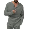 Premium men's casual seersucker long sleeve shirt and pants set in versatile grey - S / Tops / Dark Gray
