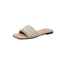 Close-up of beige flat slide sandals with pearl and rhinestone floral design details - 36 / Apricot