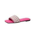 Side view detail of a vibrant pink square-toe flat slide sandal featuring faux pearl strap - Rose Red