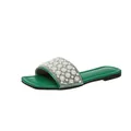 Detail view of green flat slide sandal with pearl and rhinestone flower strap. - Green