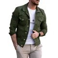 Close-up of a men's olive green slim fit denim jacket showing collar and button details - M / Tops / Army Green