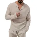 Detalle de la camisa beige de seersucker para hombre con un diseño texturizado con botones - Albaricoque