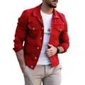 Red slim-fit denim jacket for men featuring classic lapel collar and front pockets. - M / Tops / Red