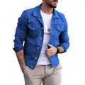 Professional slim fit men's blue denim jacket with turn-down collar and button pockets - Blue