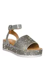 Detailed macro view of silver rhinestone platform wedge sandals with secure ankle strap buckle - Silver