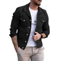 Detail shot of men's slim fit black denim jacket featuring metallic buttons and lapel collar - M / Tops / Black