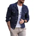 Stylish slim fit navy blue denim jacket with lapels for men's casual autumn wear. - Navy Blue