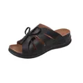 Comfortable women's black wedge slide sandals featuring bow tie and hollow-out straps - Black