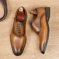 Classic brown gradient leather oxfords for men featuring a stylish wood heel finish - 39 / Gradient Brown