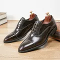 Premium dark brown polished leather Oxford shoes for men with elegant cap-toe and glossy finish. - 38 / Brown
