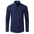 Primo piano di una camicia a maniche lunghe da uomo blu scuro con dettagli curati - Taglia M / Top / Taglia 38 (LR-SMT001) / Blu navy