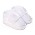 Detail view of white satin baby baptism shoes with soft soles and velcro strap - Inner Length 9cm / K06 White