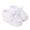 Detailed view of white baby christening shoes with heart embroidery and soft sole - Inner Length 9cm / K01 White