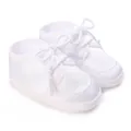 Detail of white satin baby christening shoes with soft soles and elegant lace-up design - Inner Length 9cm / K04 White