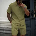 Detailed view of olive green men's leisure set with button-down shirt and shorts - M / Top And Bottom / Army Green
