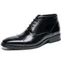 Men's black business formal leather dress boots with side zipper and lace-up design - 39 / Black
