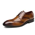 Elegant brown genuine leather Brogue Derby shoes for men featuring wingtip carvings - 38 / Brown