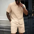 Men's apricot two-piece set featuring short-sleeve collared shirt and matching shorts. - Khaki
